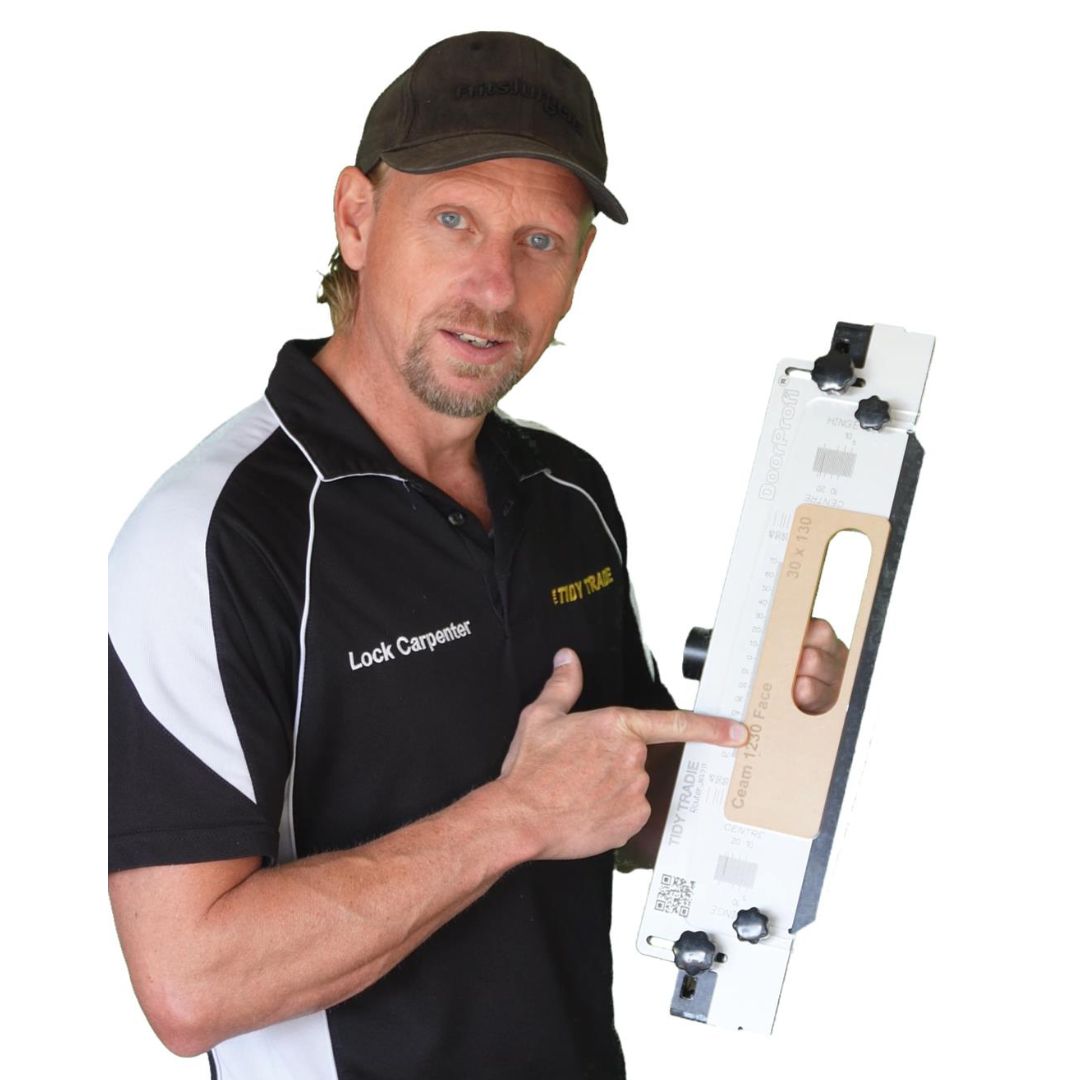The ultimate TIDY TRADIE Router Jig 2.0. Holds interchangeable templates for installing concealed hinges. Sydney Australia