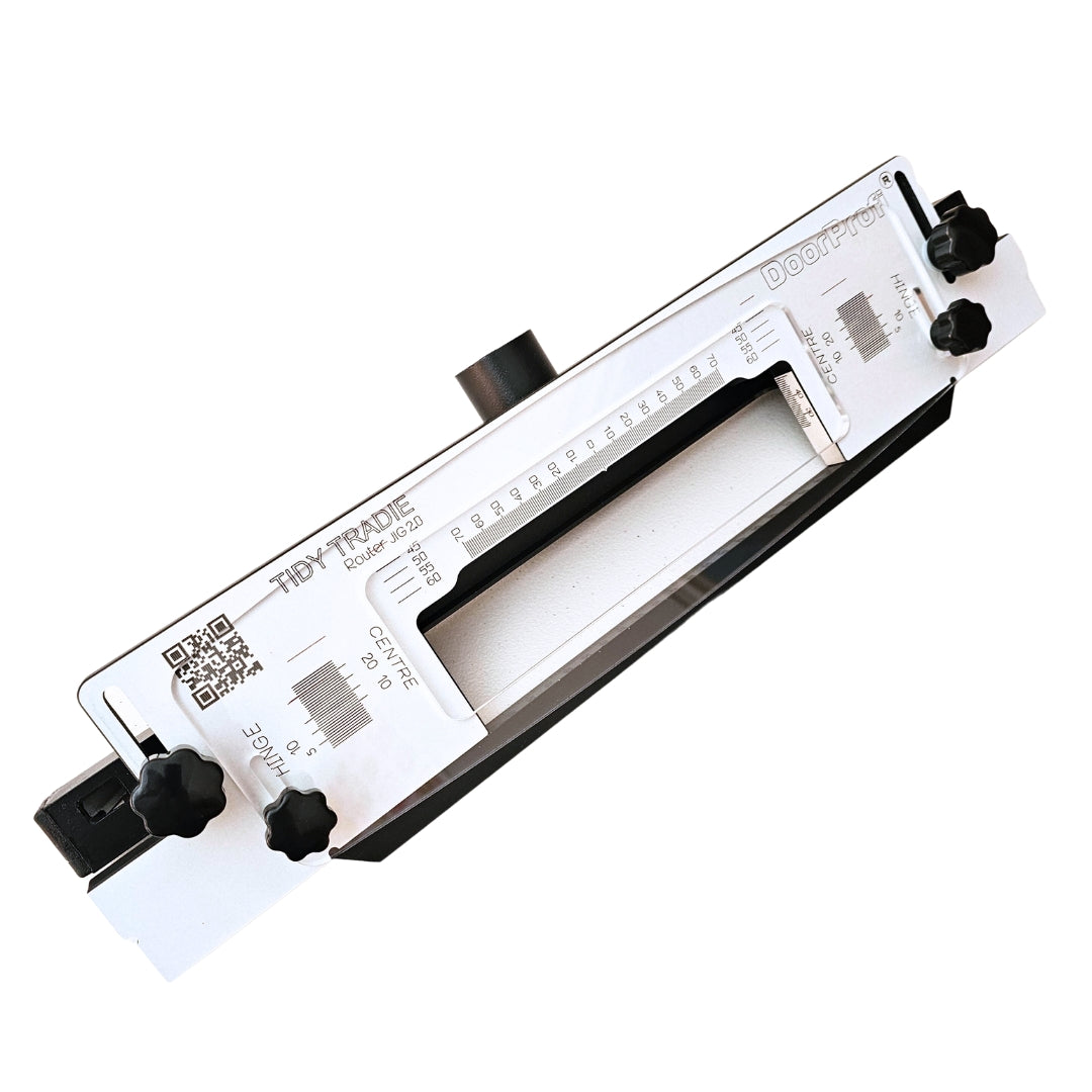 The ultimate TIDY TRADIE Router Jig 2.0. Holds interchangeable templates for installing door hardware. Sydney Australia
