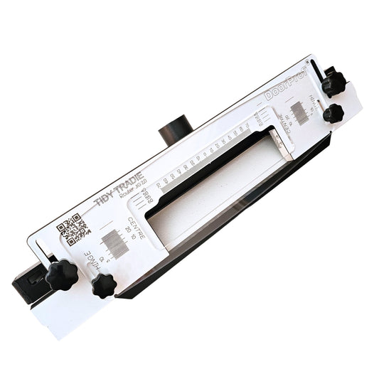 The ultimate TIDY TRADIE Router Jig  2.0. Holds interchangeable templates for installing door hardware. Sydney Australia