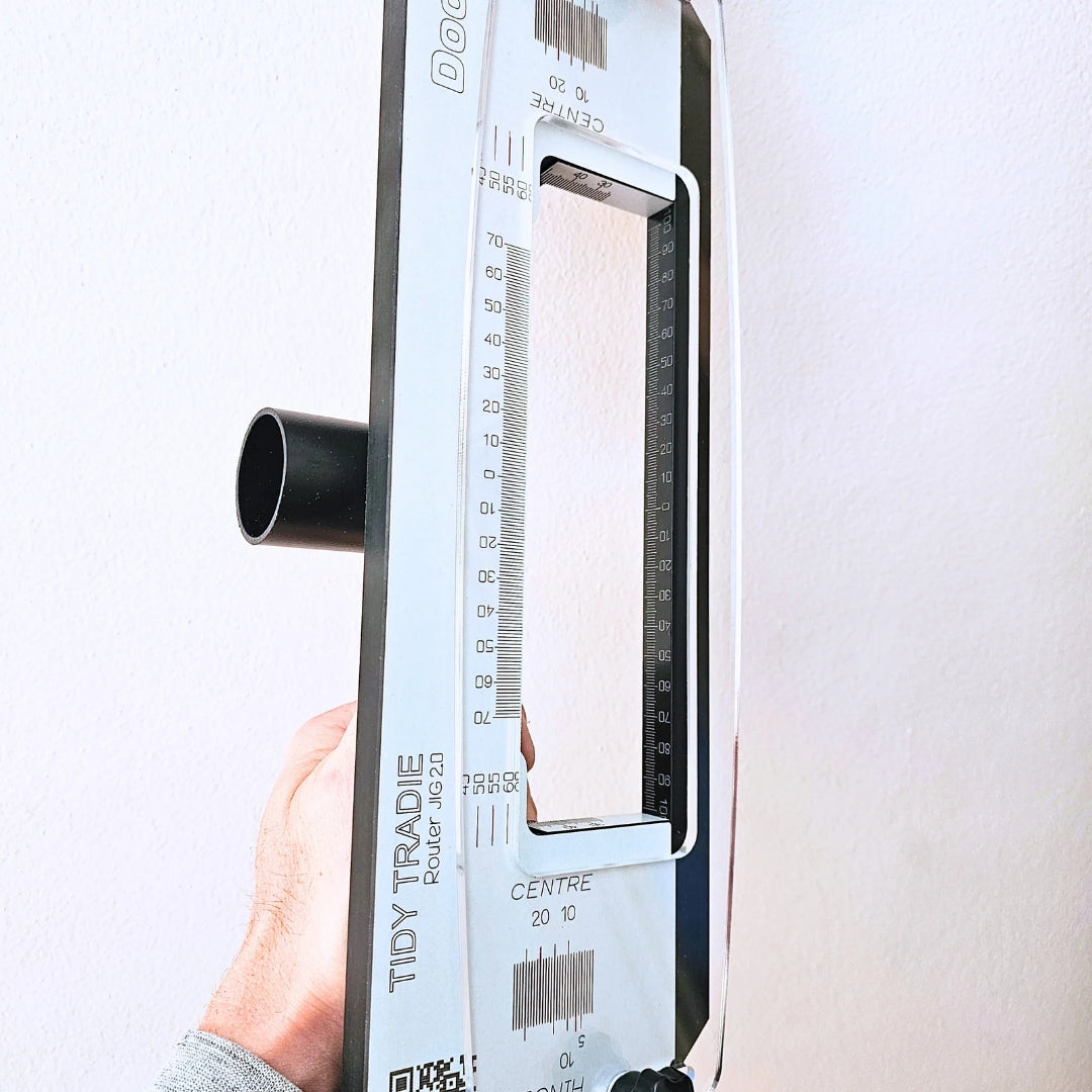 The ultimate TIDY TRADIE Router Jig 2.0. Holds interchangeable templates for installing door hardware. Sydney Australia