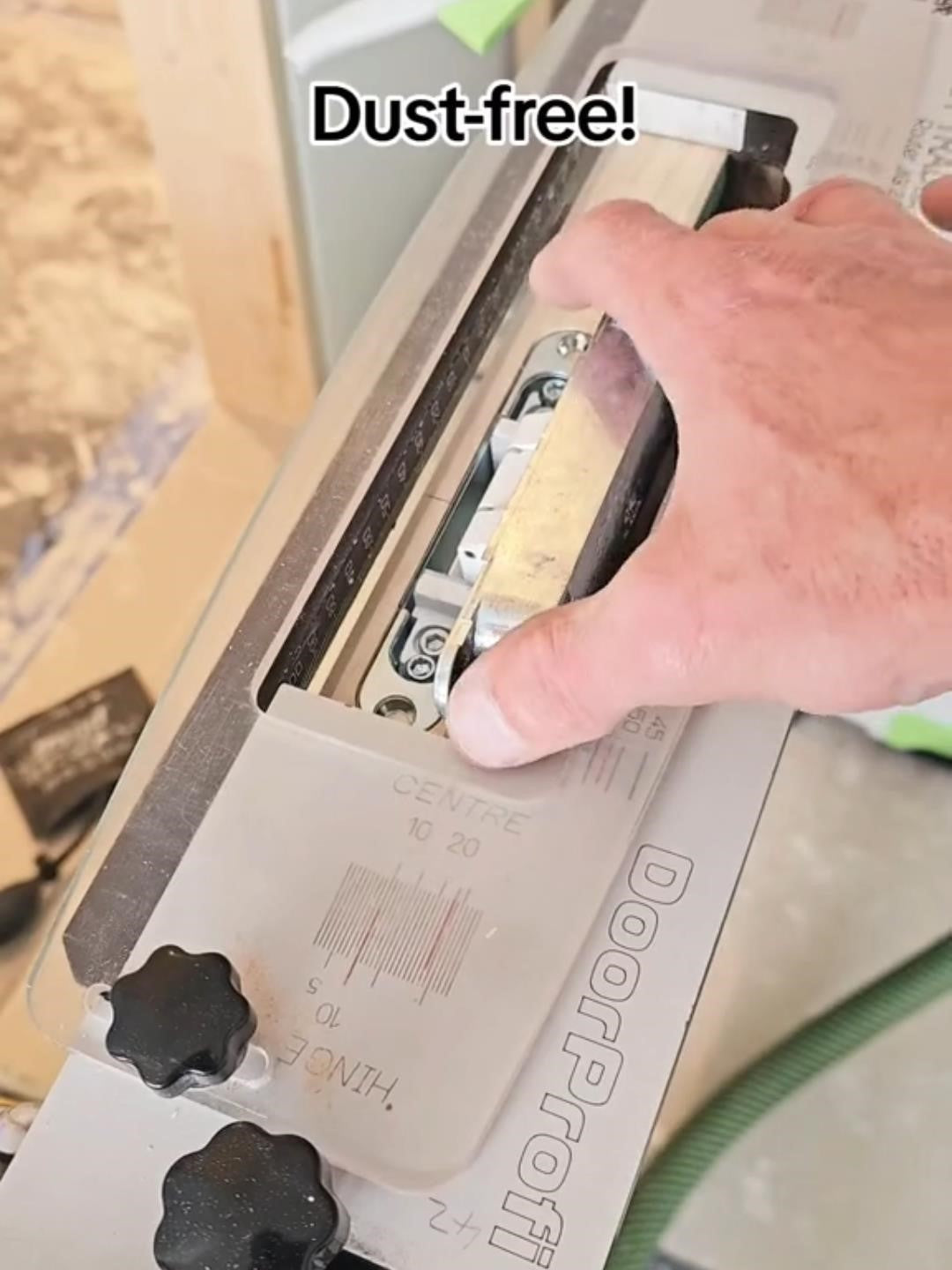The hinge jig makes the cleanest router cut-outs, dust-free.