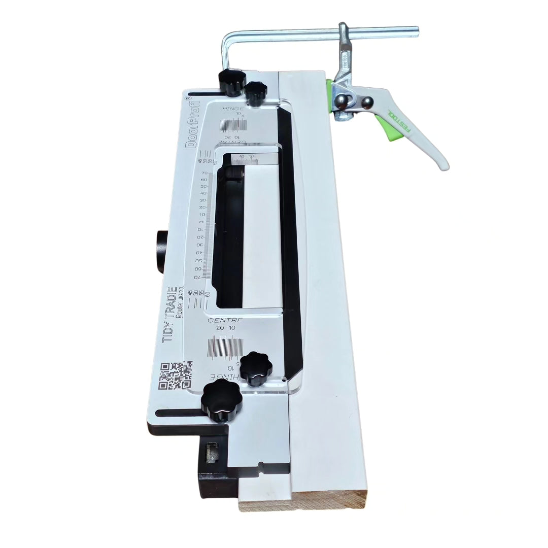 The TIDY TRADIE Router Jig 2.0 fits to rebated door jambs. It holds interchangeable templates for installing door hardware. Sydney Australia