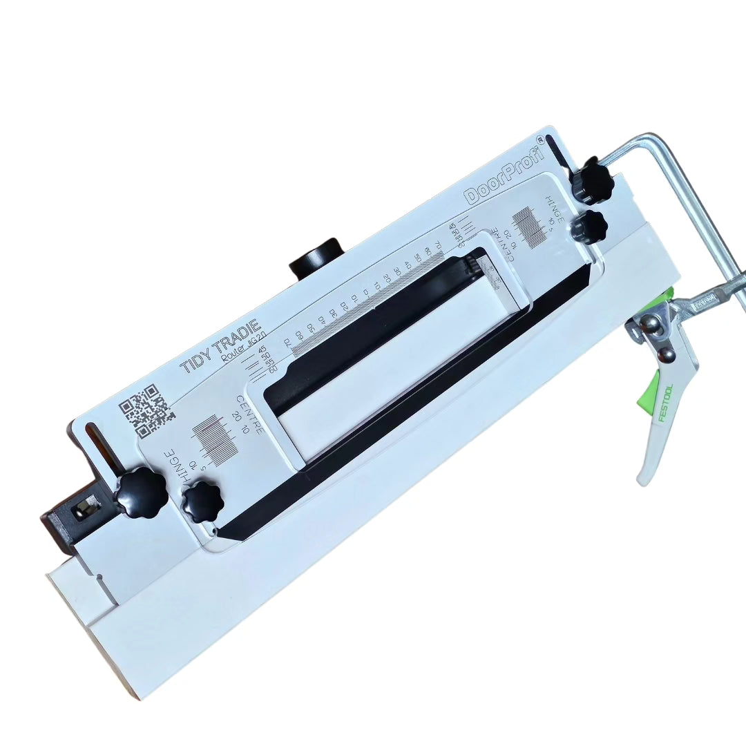 The TIDY TRADIE Router Jig 2.0 fits to rebated door jambs. It holds interchangeable templates for installing door hardware. Sydney Australia