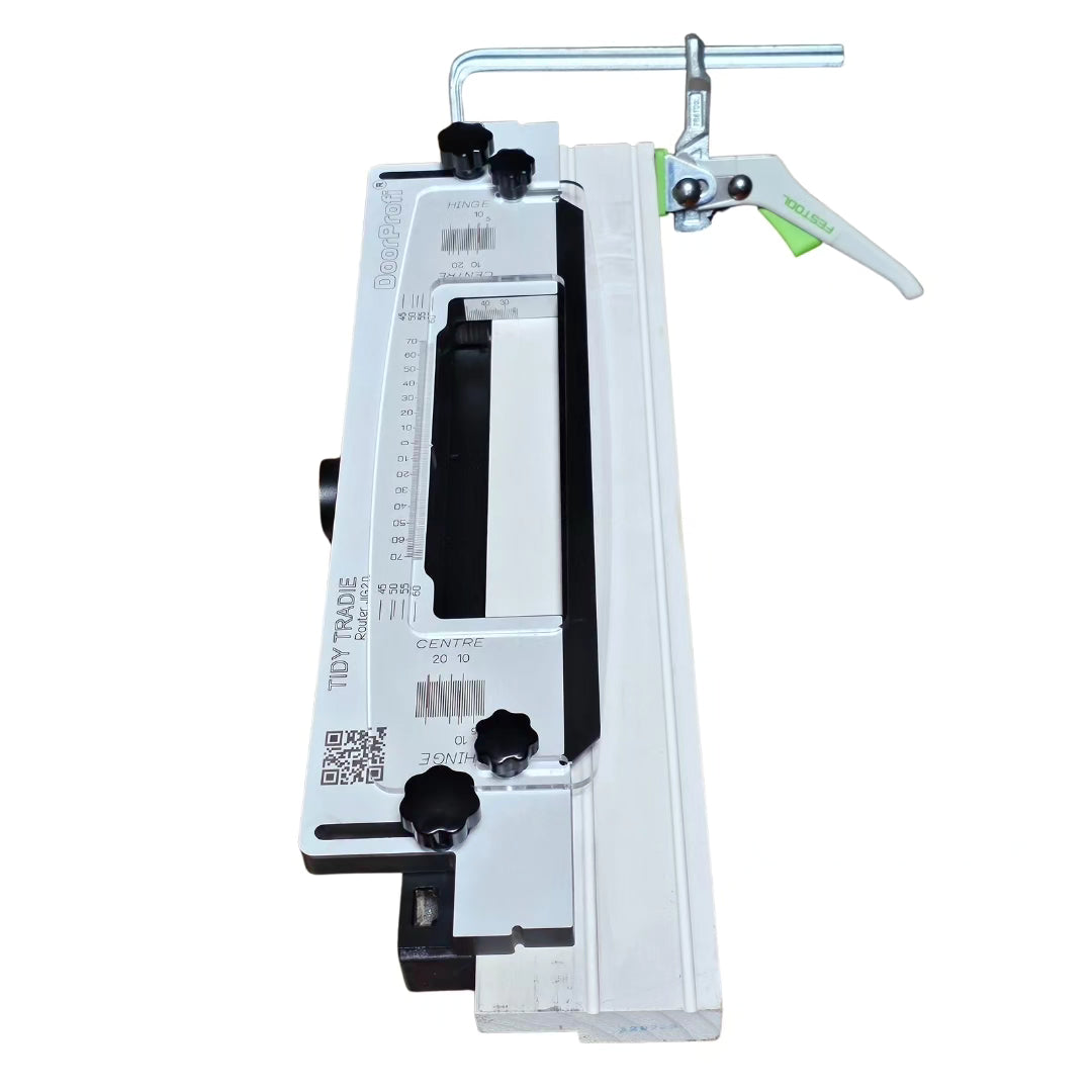 The TIDY TRADIE Router Jig 2.0 clamps to door jambs. It holds interchangeable templates for installing door hardware. Sydney Australia