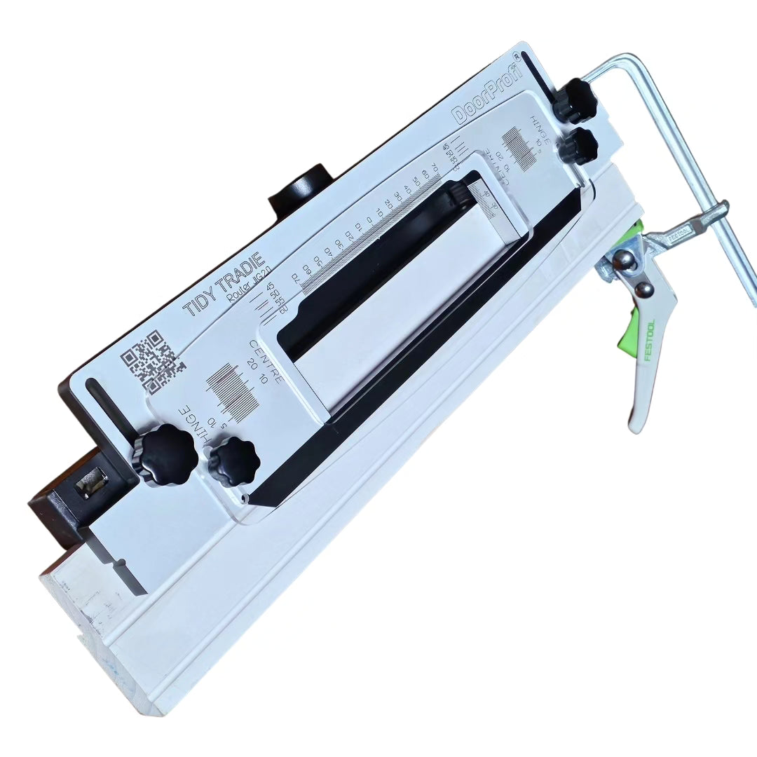 The TIDY TRADIE Router Jig 2.0 clamps to door jambs. It holds interchangeable templates for installing door hardware. Sydney Australia