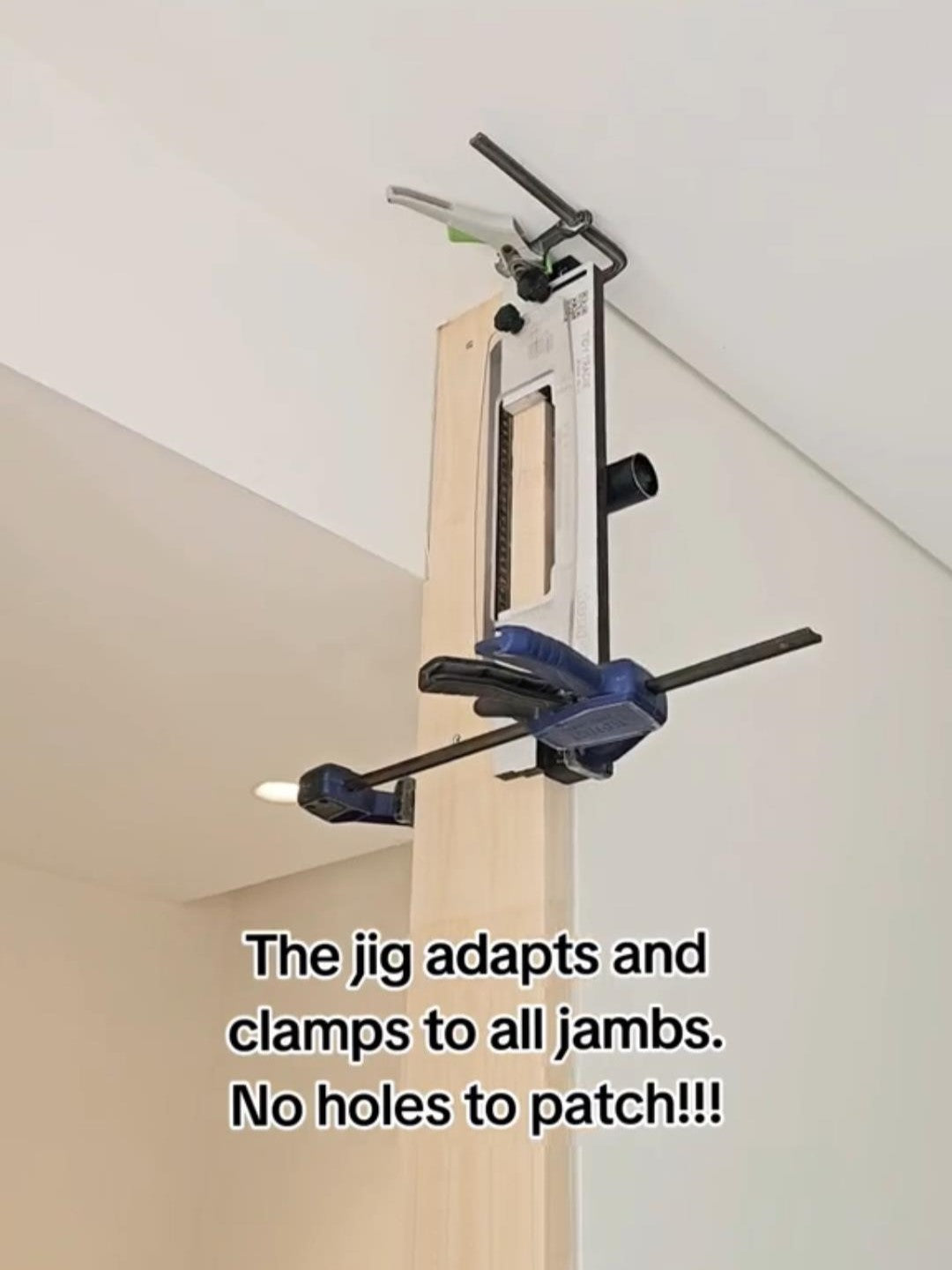 The hinge jig clamps to the door jamb without leaving hole marks to fill.