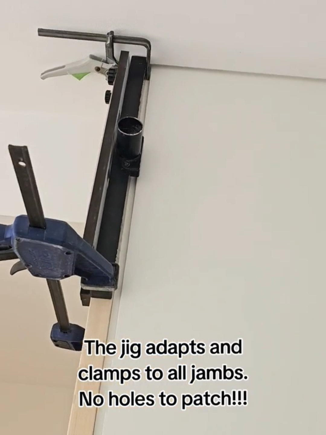 The hinge jig clamps to the door jamb without leaving hole marks to fill.