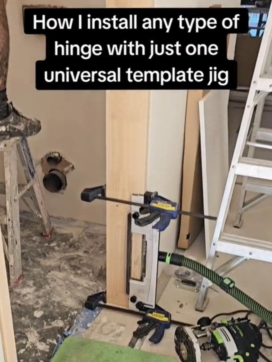 Hinge jig clamped to a flat door jamb.