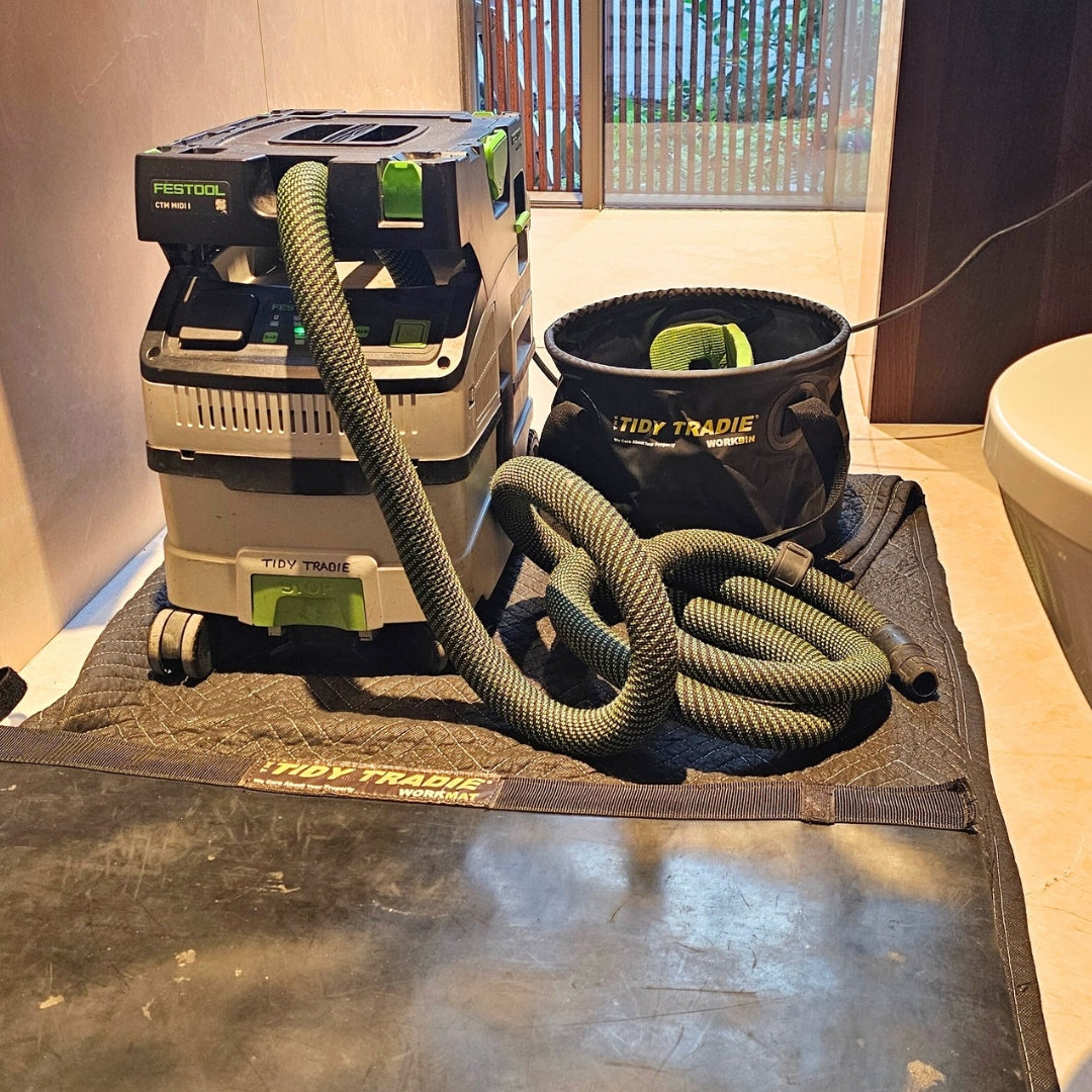 Tidy tradie work mat and work bin