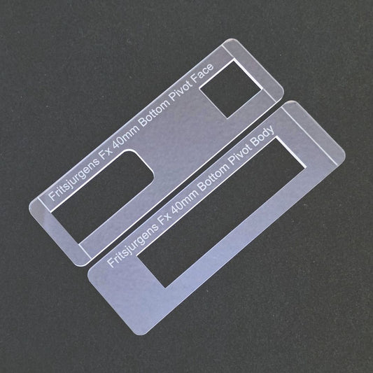 Fritsjurgens Fx 40mm bottom pivot router jig templates, for the precise installation of the corner mounted pivot mechanism.