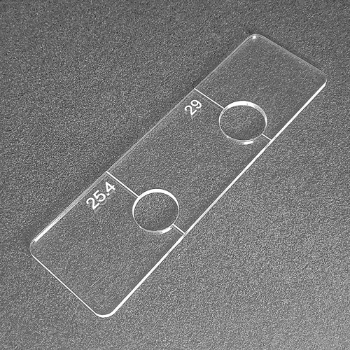 Template for routing 25.4 and 29mm holes. Used with the Tidy Tradie Router Jig 1.0 and 2.0.