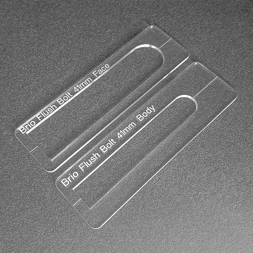 Brio 41mm wide flush bolt templates for face and body cut outs. Sold as a set. Used with the TIDY TRADIE Router Jig 1.0 & 2.0.