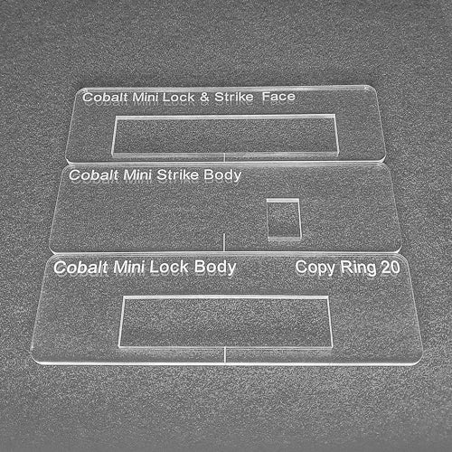 Cobalt mini lock and strike templates.  Used with the TIDY TRADIE Router Jig.