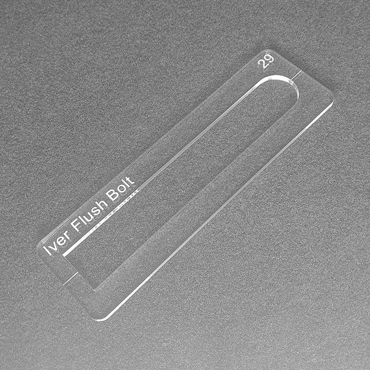 Iver 29mm wide flush bolt template. Used with the TIDY TRADIE Router Jig 1.0 & 2.0.