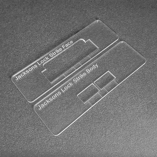 Jacksons lock strike plate templates. Used with the TIDY TRADIE Router Jig 1.0 & 2.0.