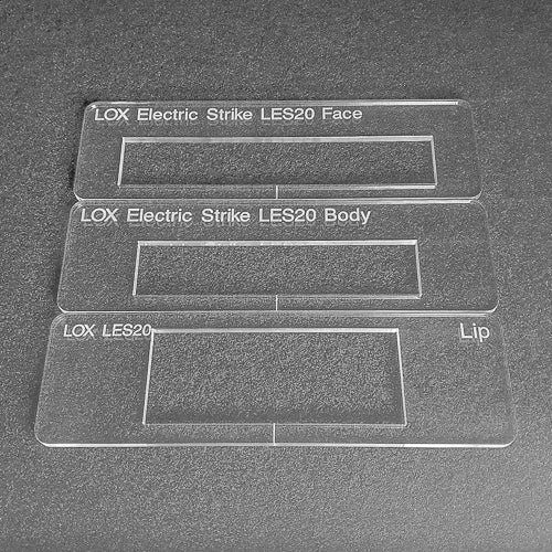 LOX LES20 electric strike template set. Used with the TIDY TRADIE Router Jig 1.0 & 2.0.
