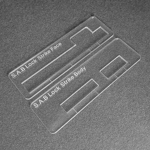 S.A.B lock strike plate template, used with the TIDY TRADIE Router Jig 1.0 & 2.0.