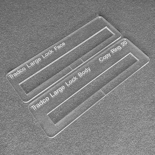 Tradco large mortice lock 22 x 230mm face and body templates. Used with the TIDY TRADIE Router Jig 1.0 & 2.0.