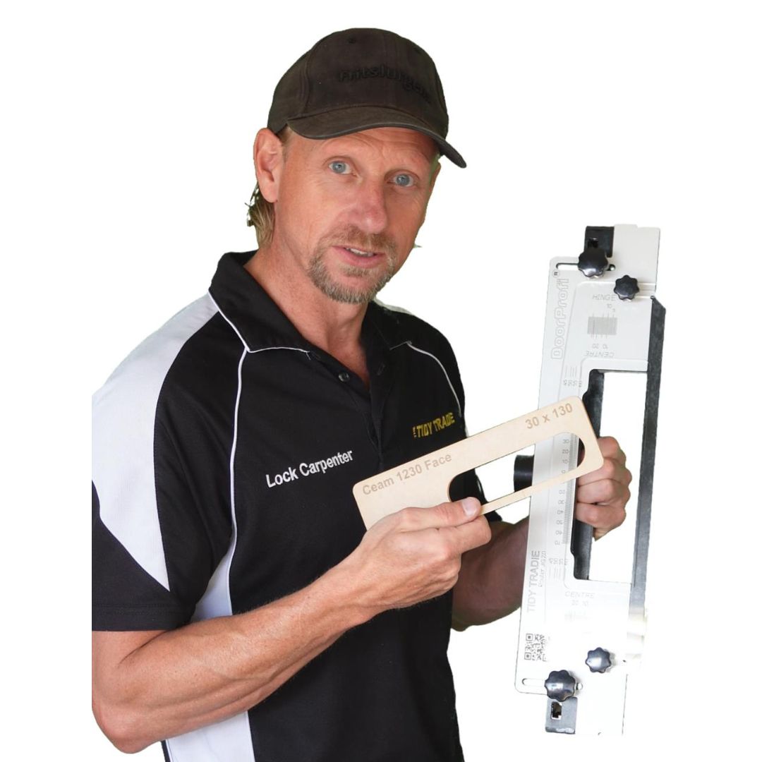 The ultimate TIDY TRADIE Router Jig  2.0. Holds interchangeable templates for installing Ceam concealed hinges. Sydney Australia