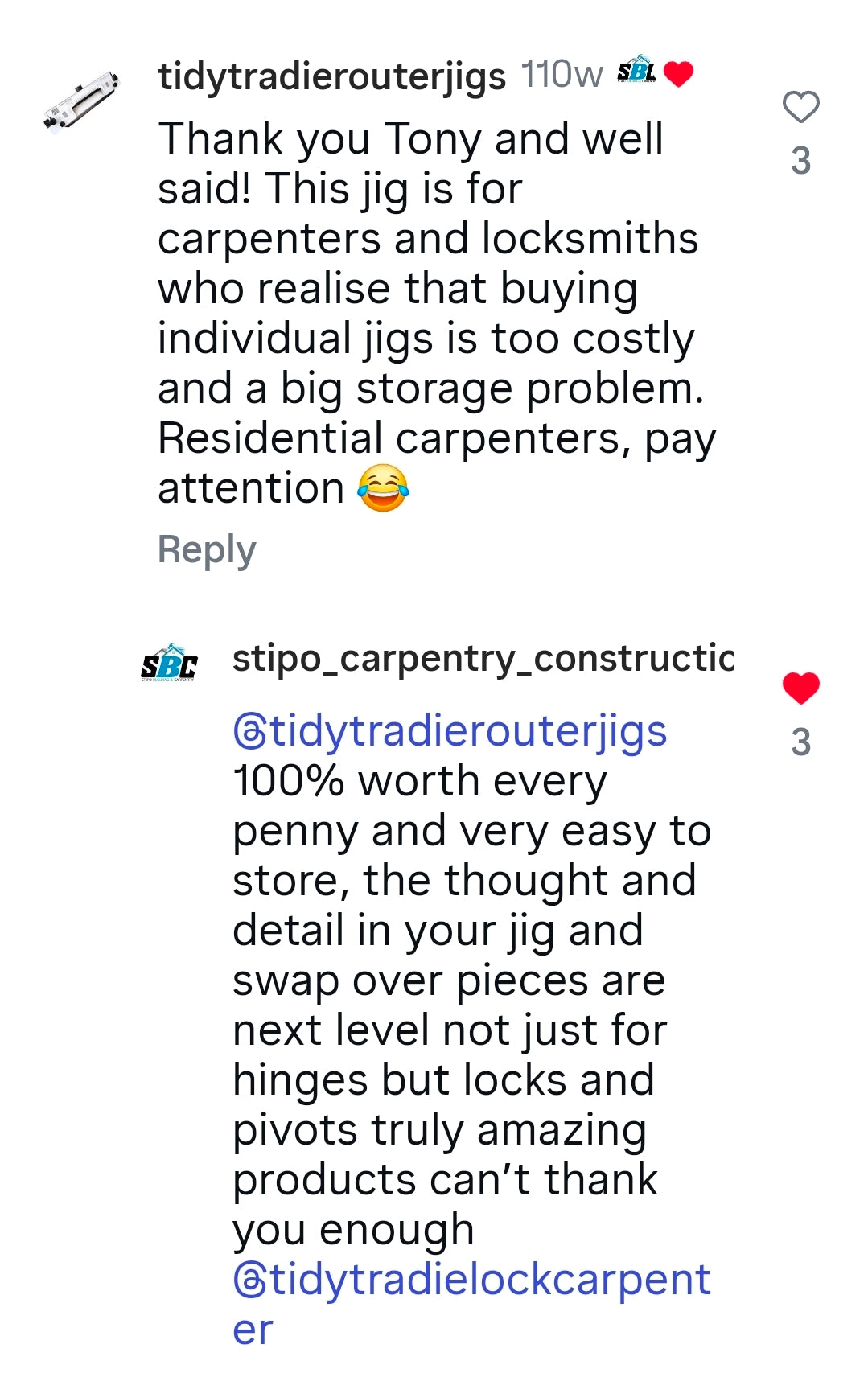Tidy tradie router jig testimonial from a happy customer.