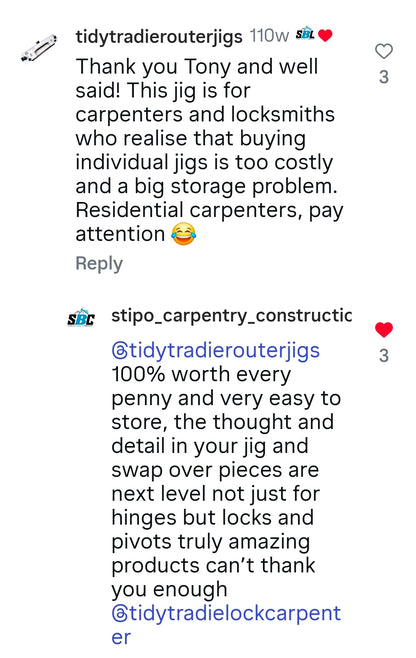 Tidy tradie router jig testimonial from a happy customer.