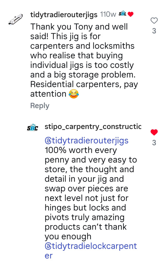 Tidy tradie router jig testimonial from a happy customer.