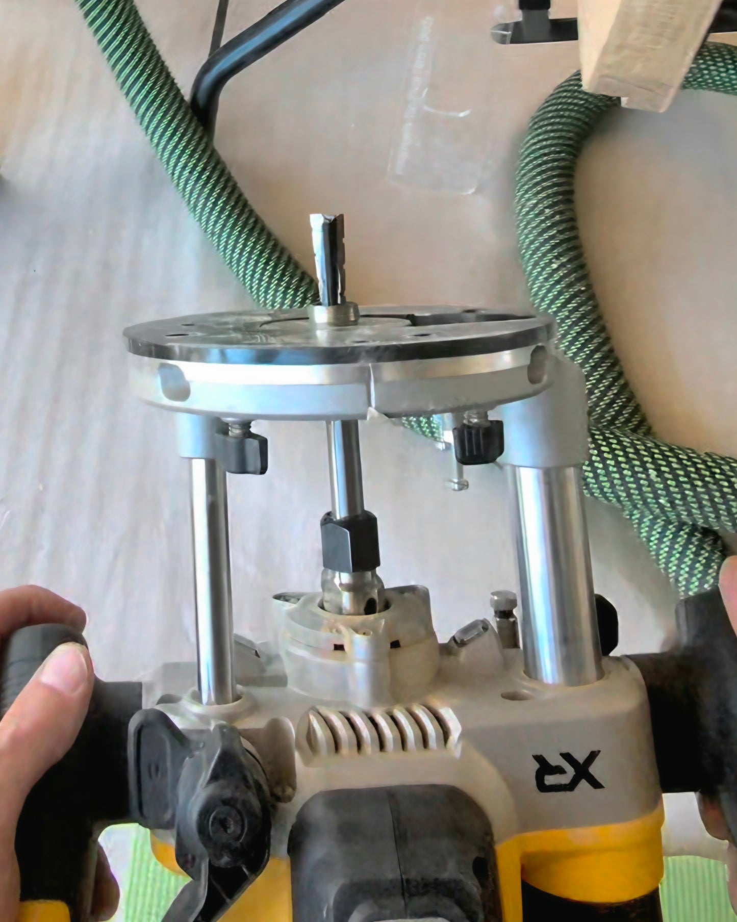 160mm long router bit in a DeWalt plunge router. For the installation of locks and pivot hinges.