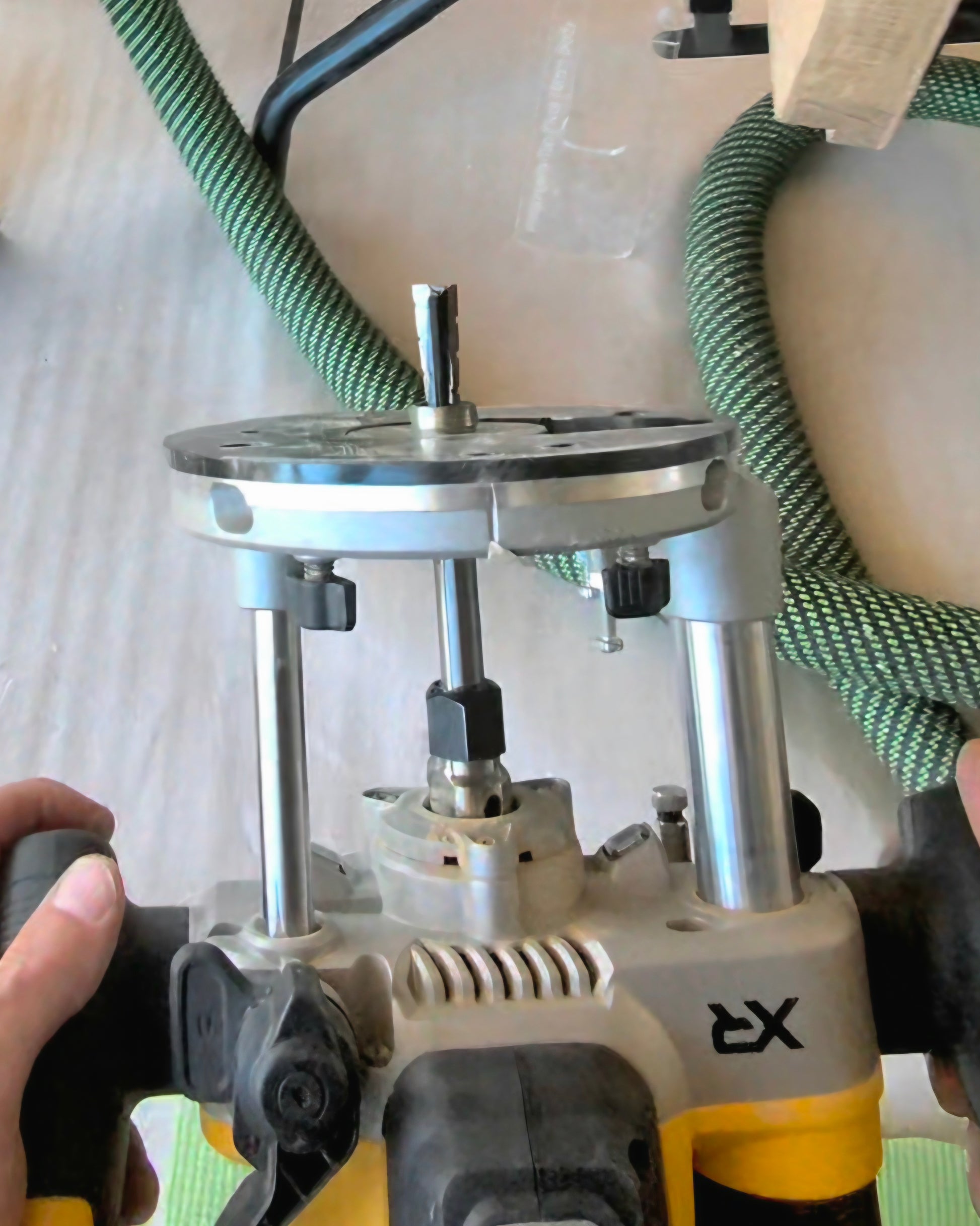 160mm long router bit in a DeWalt plunge router. For the installation of locks and pivot hinges.