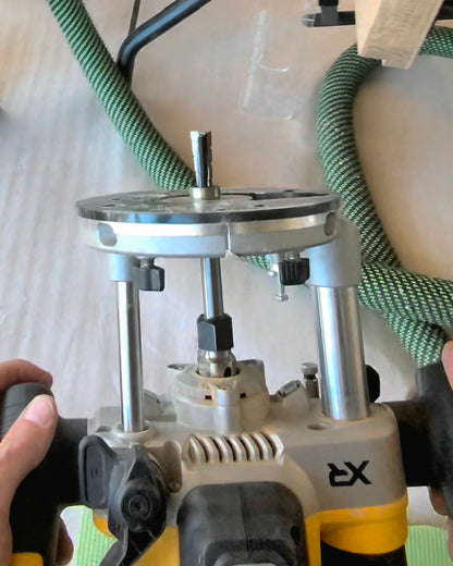 160mm long router bit in a DeWalt plunge router. For the installation of locks and pivot hinges.